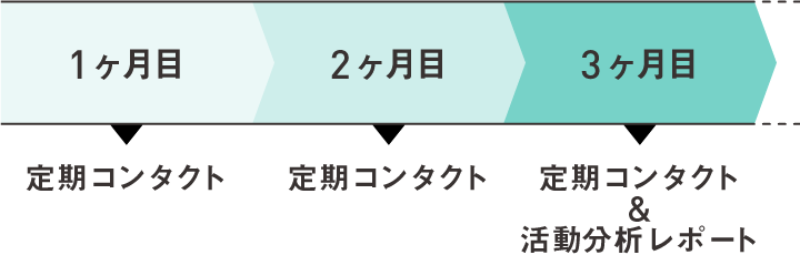 1ヶ月目 定期コンタクト 2ヶ月目 定期コンタクト 3ヶ月目 定期コンタクト&活動分析レポート